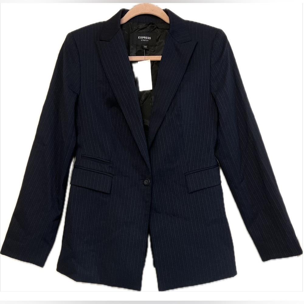 ✨Women’s Express Stretch Blazer | Navy With Pin Stripes - Size 1/2 - Picture 2 of 6